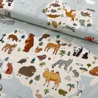 Cotton fabric Animals world map digital print