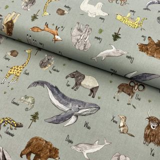 Cotton fabric Animal dictionary dark mint digital print