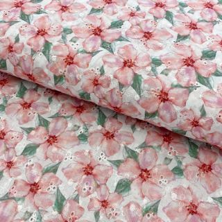 Cotton fabric Embroidery Flowie white digital print
