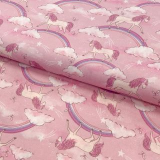 Cotton fabric Unicorns and rainbows light pink digital print