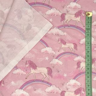 Cotton fabric Unicorns and rainbows light pink digital print