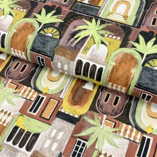 Decoration fabric Tropical cottages brique digital print