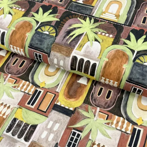 Decoration fabric Tropical cottages brique digital print