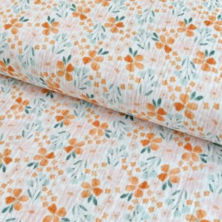 Double gauze/muslin Orange flowers white digital print