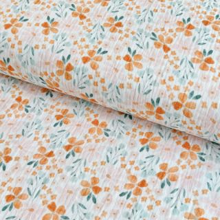 Double gauze/muslin Orange flowers white digital print