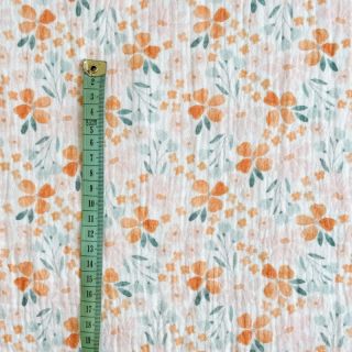 Double gauze/muslin Orange flowers white digital print