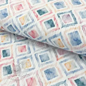 Double gauze/muslin Geo watercolour blue digital print