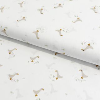Cotton fabric Goose and flowers white