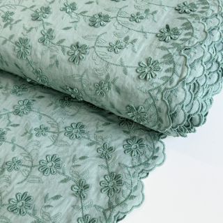 Cotton fabric VOILE Embroidery flowers old green
