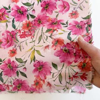 Cotton fabric VOILE Pink flowers digital print