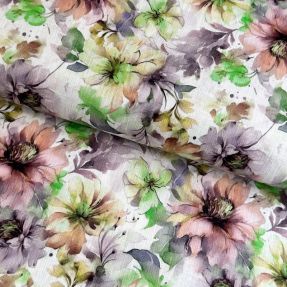 Linen cotton Peony roses RAMIE green digital print