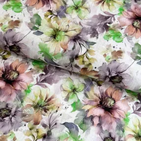 Linen cotton Peony roses RAMIE green digital print