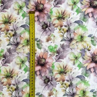 Linen cotton Peony roses RAMIE green digital print