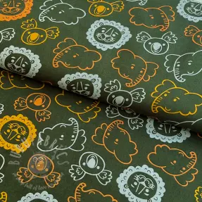Cotton fabric Safari animals dark green