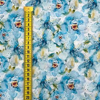 Cotton fabric EMBROIDERY Peony roses blue digital print