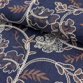 Cotton fabric JEANS Embroidery leaves dark blue