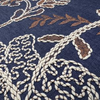 Cotton fabric JEANS Embroidery leaves dark blue