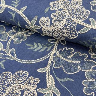 Cotton fabric JEANS Embroidery leaves light blue