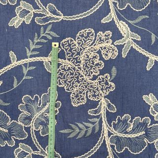 Cotton fabric JEANS Embroidery leaves light blue