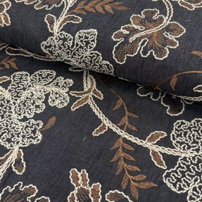 Cotton fabric JEANS Embroidery leaves black