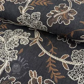 Cotton fabric JEANS Embroidery leaves black