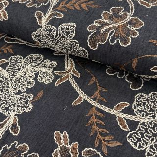 Cotton fabric JEANS Embroidery leaves black