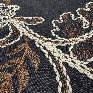 Cotton fabric JEANS Embroidery leaves black