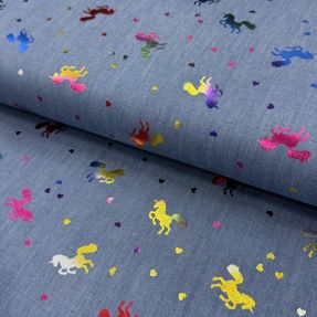Cotton fabric JEANS FOIL Unicorn light blue