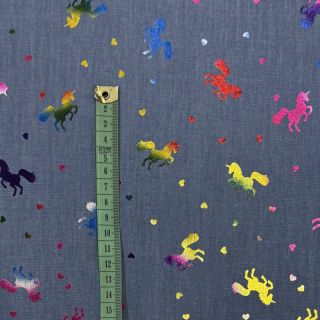 Cotton fabric JEANS FOIL Unicorn light blue
