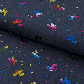 Cotton fabric JEANS FOIL Unicorn dark blue