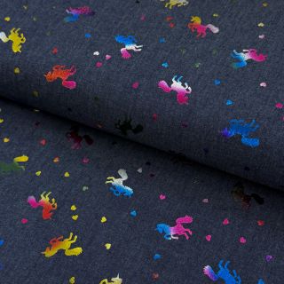 Cotton fabric JEANS FOIL Unicorn dark blue