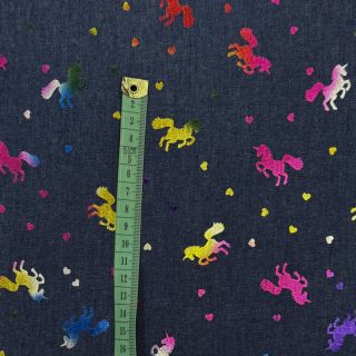 Cotton fabric JEANS FOIL Unicorn dark blue