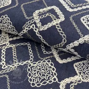 Cotton fabric JEANS EMBROIDERY Square dark blue