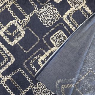 Cotton fabric JEANS EMBROIDERY Square dark blue