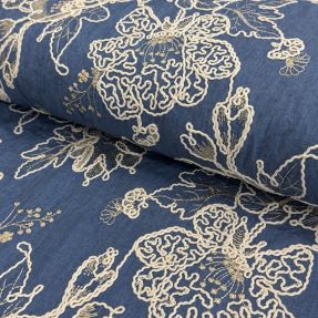 Cotton fabric JEANS EMBROIDERY Bouquet blue