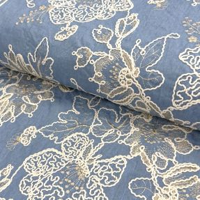 Cotton fabric JEANS EMBROIDERY Bouquet light blue