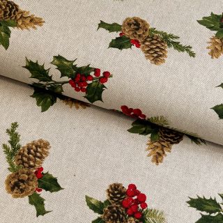 Decoration fabric Linenlook Pine needles and cones