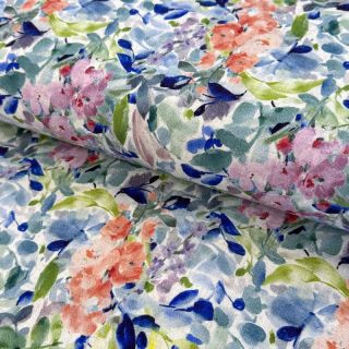 Linen viscose CREPE Flowers blue digital print