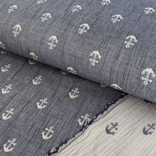 Double gauze/muslin JACQUARD Anchor 2-side faded gray navy