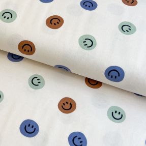 Cotton fabric FLANNEL Happy faces off white green