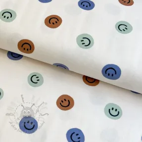 Cotton fabric FLANNEL Happy faces off white green
