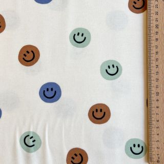 Cotton fabric FLANNEL Happy faces off white green