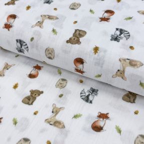 Double gauze/muslin Forest animals white digital print