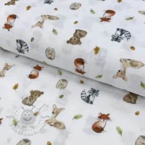 Double gauze/muslin Forest animals white digital print
