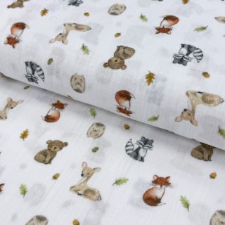Double gauze/muslin Forest animals white digital print