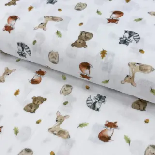 Double gauze/muslin Forest animals white digital print
