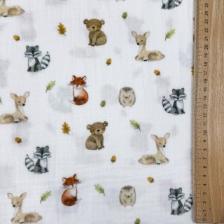 Double gauze/muslin Forest animals white digital print