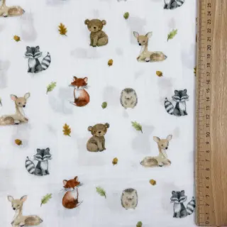 Double gauze/muslin Forest animals white digital print