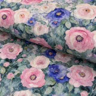 Double gauze/muslin Flower Maria petrol digital print