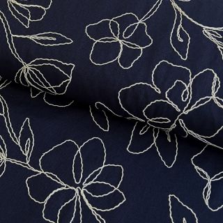 Linen viscose EMBROIDERY Flower Danielle navy